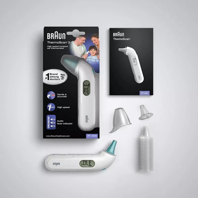 Kontakt-Ohrthermometer BRAUN ThermoScan 3 IRT3030 — Messung 34–42,2°C, 1 s, LCD, Summer, weiß