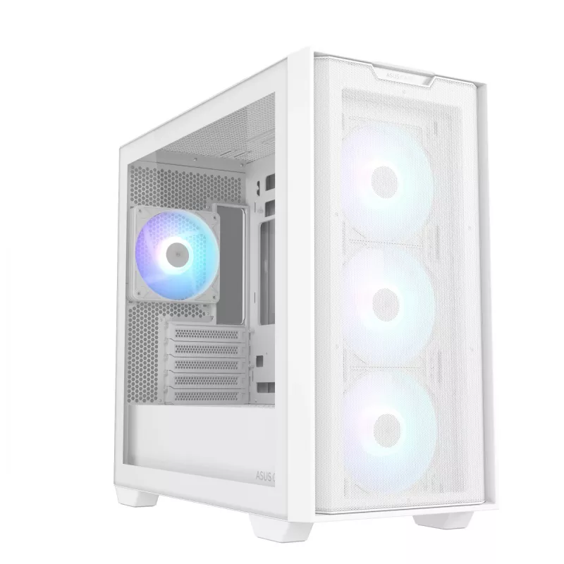 PC-Gehäuse ASUS A21 PLUS Micro ATX weiß — unterstützt Micro ATX/Mini-ITX, 3x120mm Frontlüfter, 1x120mm Hecklüfter, 360mm Frontradiator, GPU bis 380 mm