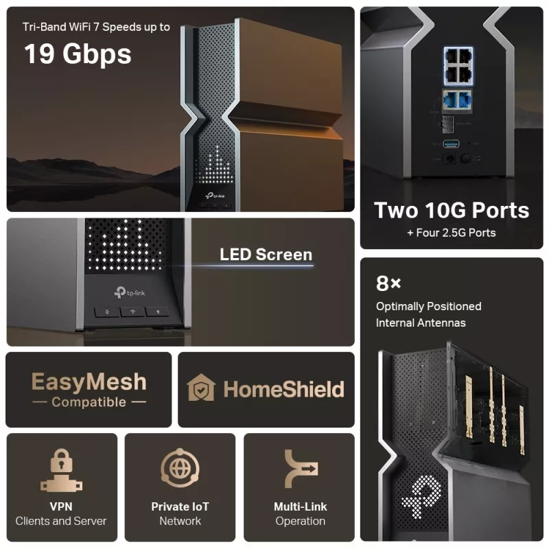 TP-Link Archer BE19000 Tri-Band Wi-Fi 7 Router, Wi-Fi 7 (802.11be), Tri-Band (2,4 GHz / 5 GHz / 6 GHz), Ethernet LAN, Schwarz, Edelstahl, Tischrouter