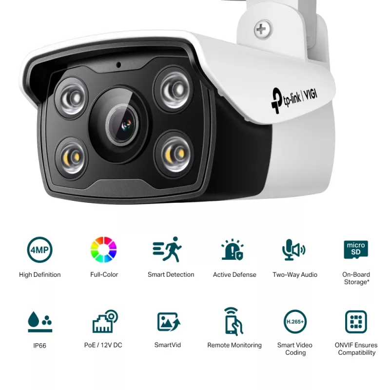 TP-Link VIGI 4MP Außen-Full-Color Bullet Netzwerkkamera, IP-Überwachungskamera, Außenbereich, Verkabelt, Decke/Wand/Stange, Schwarz, Weiß, Bullet