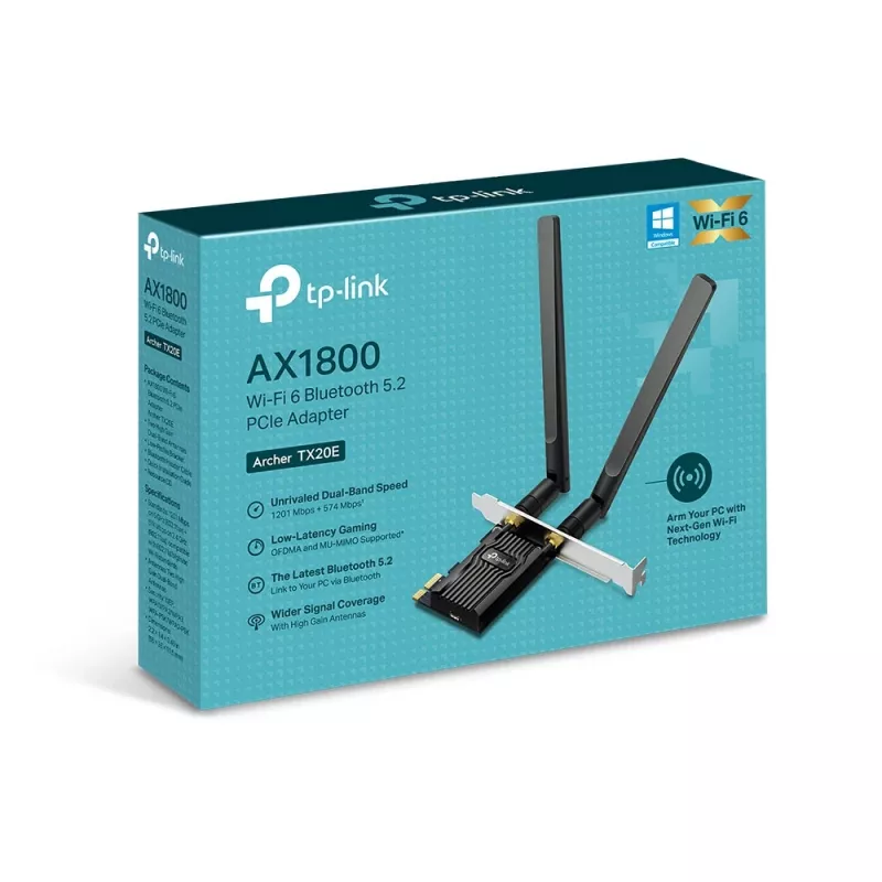 TP-Link AX1800 Wi-Fi 6 Bluetooth 5.2 PCIe Adapter, Intern, Kabellos, PCI Express, WLAN / Bluetooth, 1800 Mbit/s, Schwarz