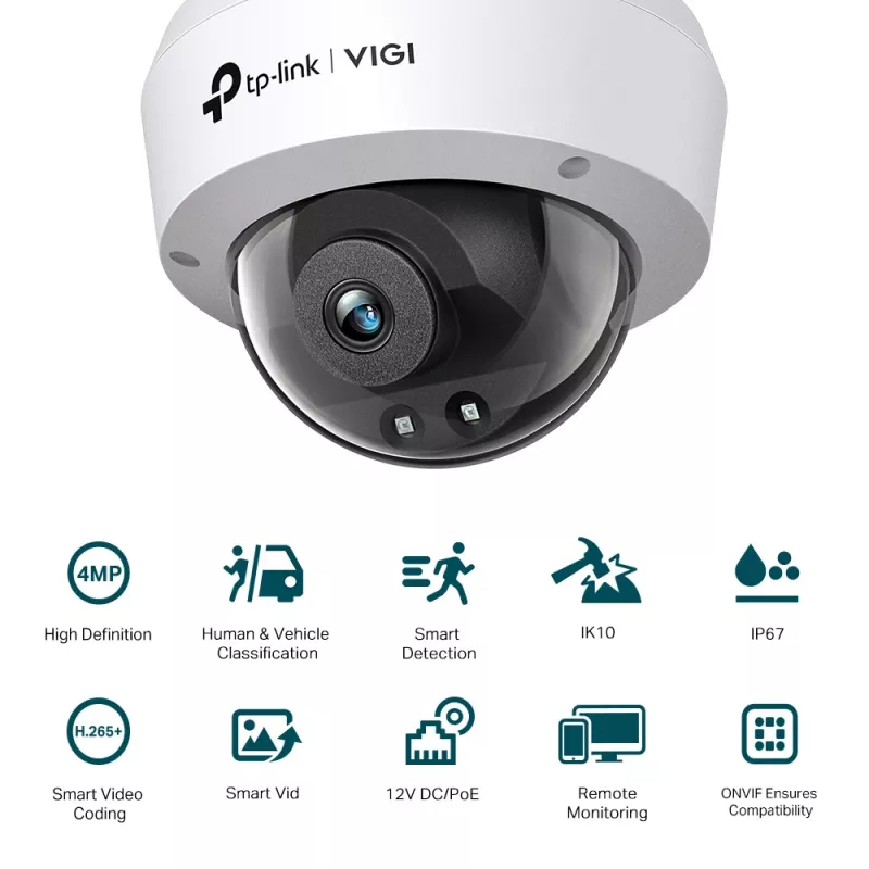 TP-Link VIGI 4MP IR Dome Netzwerkkamera, IP-Sicherheitskamera, Innen & Außen, Kabelgebunden, CE, BSMI, VCCI, ONVIF, Decke/Wand, Schwarz, Weiß