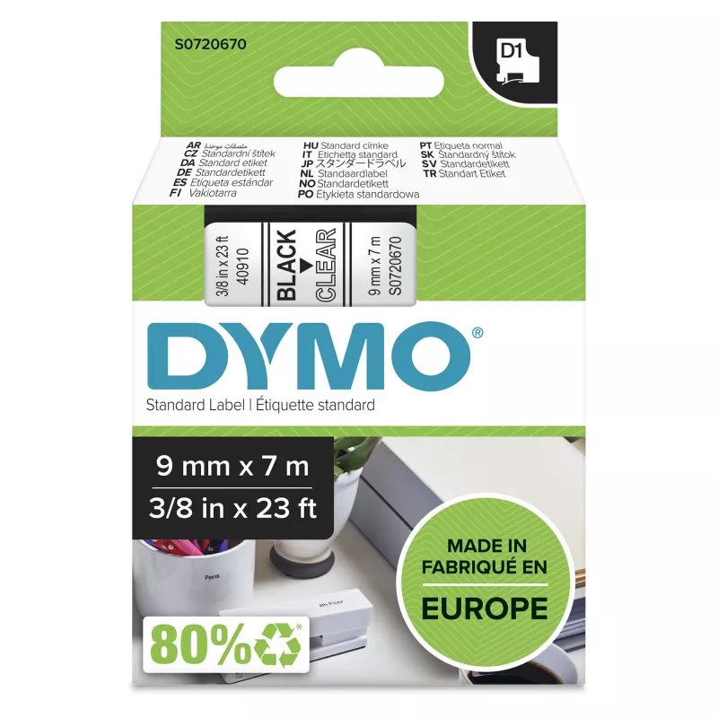 Authentische DYMO D1 Etiketten | Schwarzer Druck auf transparenter Folie | 9 mm x 7 m | Selbstklebende Etiketten für LabelManager Etikettendrucker | Hergestellt in Europa