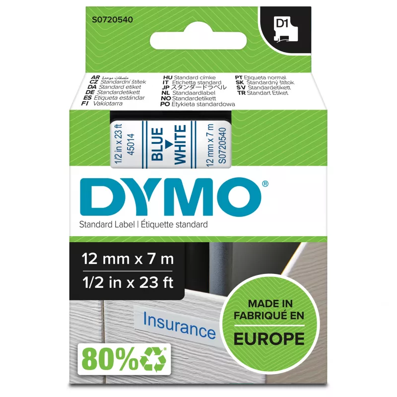 DYMO Authentic D1 Etiketten | Blauer Druck auf weißem Band | 12 mm x 7 m | Selbstklebende Etiketten für LabelManager Etikettendrucker | Hergestellt in Europa