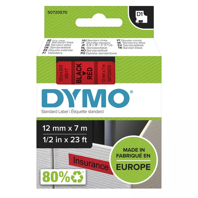 DYMO Original D1 Etiketten | Schwarzer Druck auf rotem Band | 12 mm x 7 m | Selbstklebende Etiketten für LabelManager Beschriftungsgeräte | Hergestellt in Europa