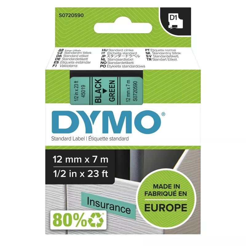 Authentische DYMO D1 Etiketten | Schwarzer Druck auf grünem Band | 12 mm x 7 m | Selbstklebende Etiketten für LabelManager Etikettendrucker | Hergestellt in Europa