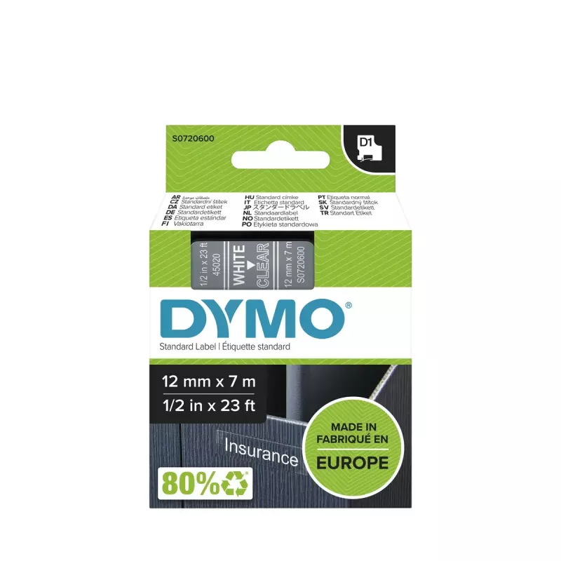DYMO Authentic D1 Labels | White Print on Clear Tape | 12 mm x 7 m | Selbstklebende Etiketten für LabelManager Etikettendrucker | Hergestellt in Europa
