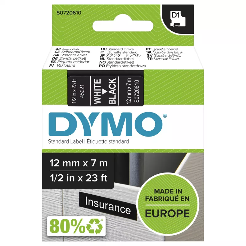 Original DYMO D1 Etiketten | Weiße Schrift auf schwarzem Band | 12 mm x 7 m | Selbstklebende Etiketten für LabelManager Etikettendrucker | Hergestellt in Europa