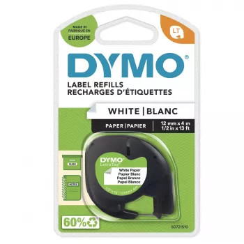 DYMO LetraTag Papieretiketten | Original | 12 mm x 4 m Rolle | Schwarzer Druck auf Weiß | Selbstklebende Mehrzwecketiketten für LetraTag Etikettendrucker | Hergestellt in Europa