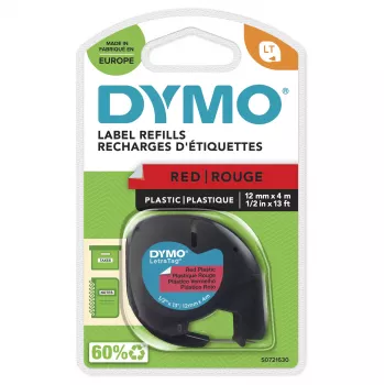 DYMO Marken LetraTag Kunststoff-Etiketten | 12 mm x 4 m Rolle | Schwarzer Druck auf roten Etiketten | Mehrzweck-Selbstklebeetiketten für LetraTag-Etikettendrucker