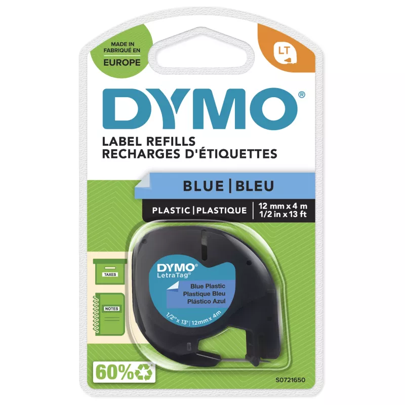 DYMO Marken LetraTag Kunststoff-Etiketten | 12 mm x 4 m Rolle | Schwarz auf Blau | Mehrzweck-Selbstklebeetiketten für LetraTag Etikettendrucker