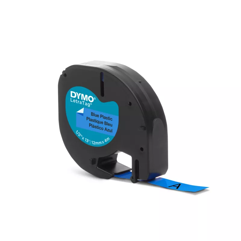DYMO Marken LetraTag Kunststoff-Etiketten | 12 mm x 4 m Rolle | Schwarz auf Blau | Mehrzweck-Selbstklebeetiketten für LetraTag Etikettendrucker