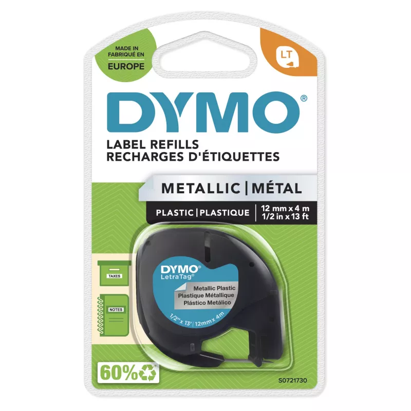 DYMO LetraTag Metallic-Etiketten | Original | Schwarz auf Metallic-Silber | 12mm x 4m | Selbstklebende Mehrzwecketiketten für LetraTag-Beschriftungsgeräte