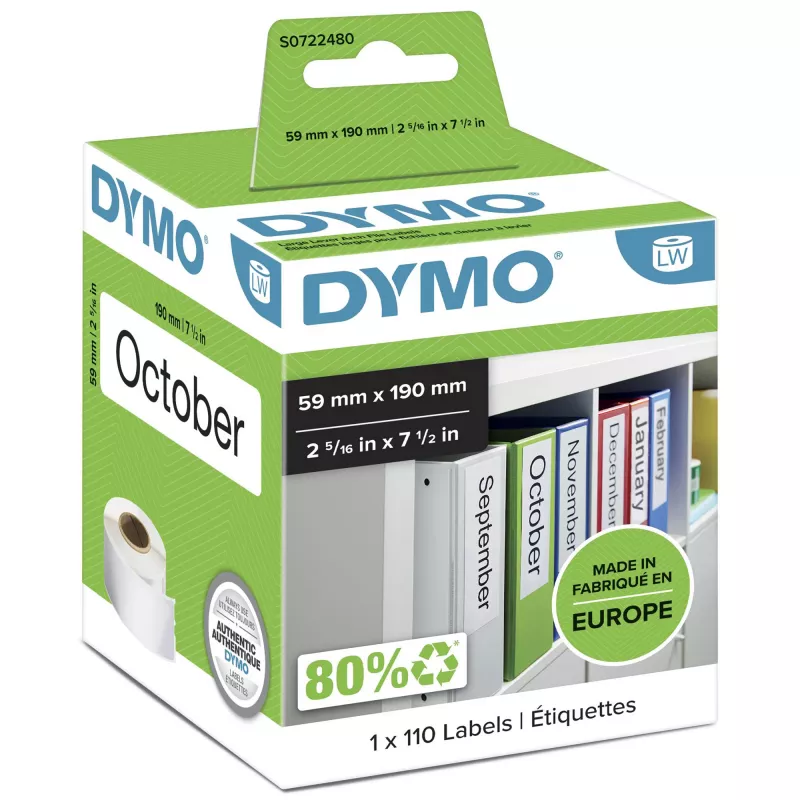 DYMO Authentic LabelWriter Aktenordner-Etiketten | 59 mm x 190 mm | Selbstklebend | Rolle mit 110 Easy-Peel Etiketten | für LabelWriter Etikettendrucker | Hergestellt in Europa