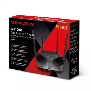 Tischrouter MERCUSYS MR80X — Dualband-Wi‑Fi 6 (802.11ax), 3000 Mbit/s, 4 externe Antennen, 3 Gigabit-LAN-Ports