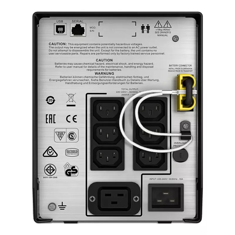 APC Smart-UPS C, Line Interactive, 2000VA, Tower, 230V, 6x IEC C13+1x IEC C19 Ausgänge, USB- und serielle Kommunikation, AVR, Grafik-LCD