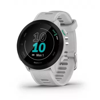 Smartwatch GARMIN Forerunner 55 — 42 mm runde Sportuhr, GPS/GLONASS/Galileo, 14 Tage Akku, 5 ATM, weißes Silikonarmband
