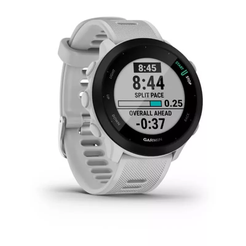 Smartwatch GARMIN Forerunner 55 — 42 mm runde Sportuhr, GPS/GLONASS/Galileo, 14 Tage Akku, 5 ATM, weißes Silikonarmband