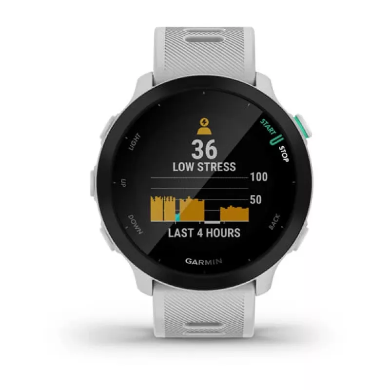 Smartwatch GARMIN Forerunner 55 — 42 mm runde Sportuhr, GPS/GLONASS/Galileo, 14 Tage Akku, 5 ATM, weißes Silikonarmband