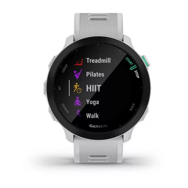 Smartwatch GARMIN Forerunner 55 — 42 mm runde Sportuhr, GPS/GLONASS/Galileo, 14 Tage Akku, 5 ATM, weißes Silikonarmband