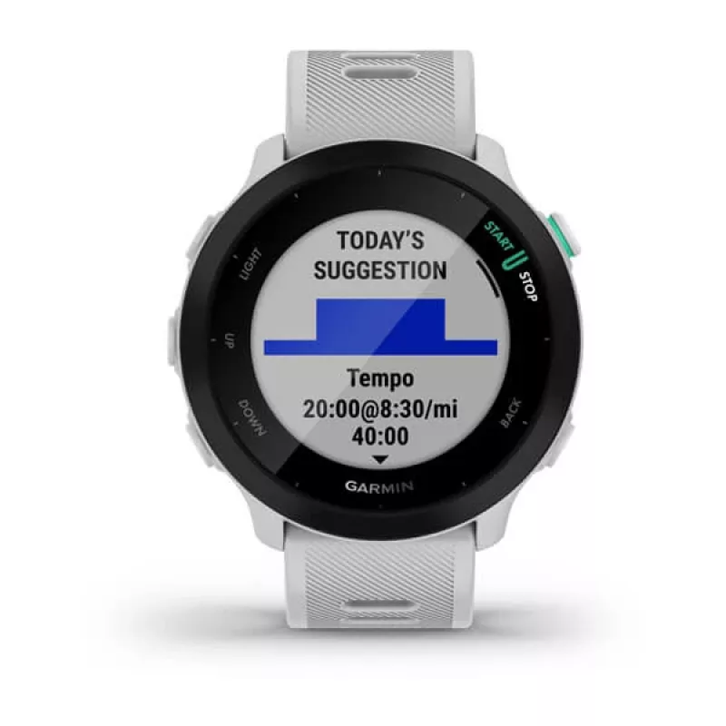 Smartwatch GARMIN Forerunner 55 — 42 mm runde Sportuhr, GPS/GLONASS/Galileo, 14 Tage Akku, 5 ATM, weißes Silikonarmband