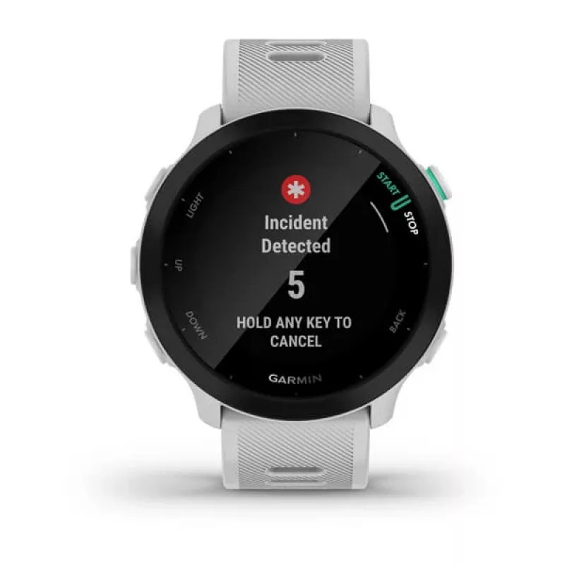 Smartwatch GARMIN Forerunner 55 — 42 mm runde Sportuhr, GPS/GLONASS/Galileo, 14 Tage Akku, 5 ATM, weißes Silikonarmband