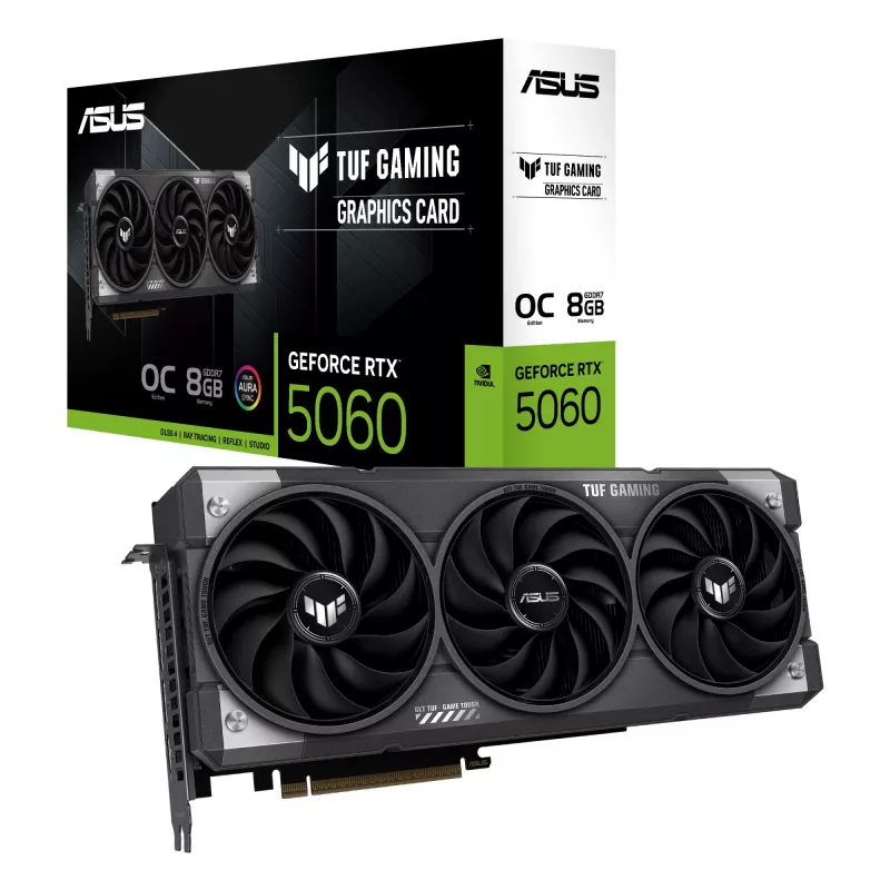 Grafikkarte ASUS GeForce RTX 5060 8 GB GDDR7 PCIe 5.0, 3840 CUDA, OC, 3x DisplayPort 2.1b + HDMI 2.1b, 302 mm, 3-Slot