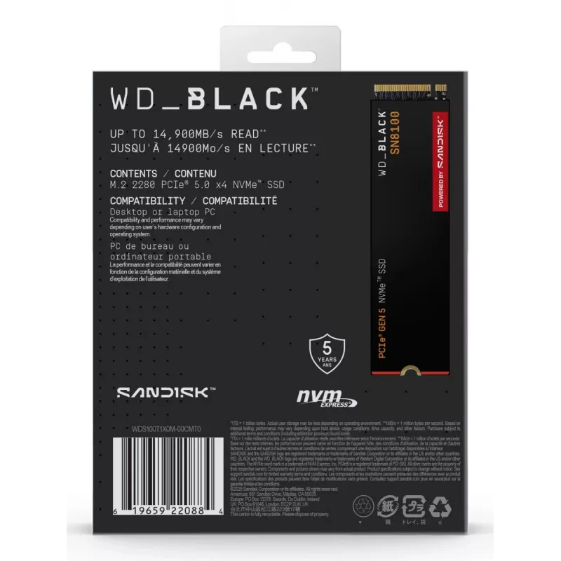 SSD-Festplatte Western Digital 1 TB M.2 PCI Express 5.0 Schwarz SN8100