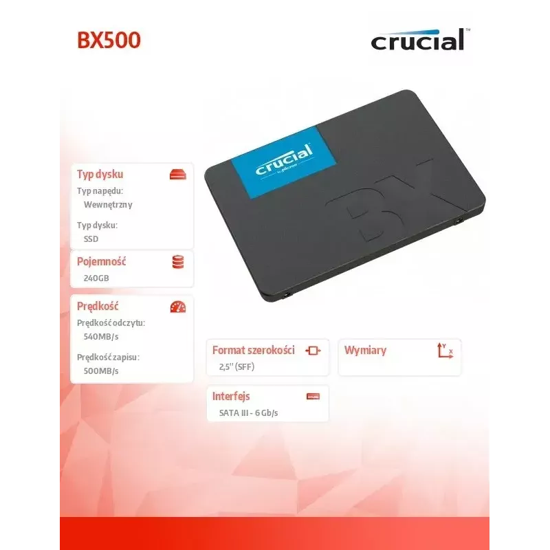 CRUCIAL BX500 240GB SSD, 2.5” 7mm, SATA 6 Gb/s, Lesen/Schreiben: 540 / 500 MB/s