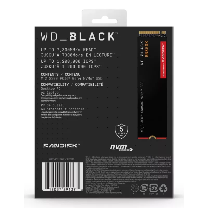 WESTERN DIGITAL SSD - WD_Schwarz SN850X - 4TB - Pci-e Gen4 x4 - M.2 2280