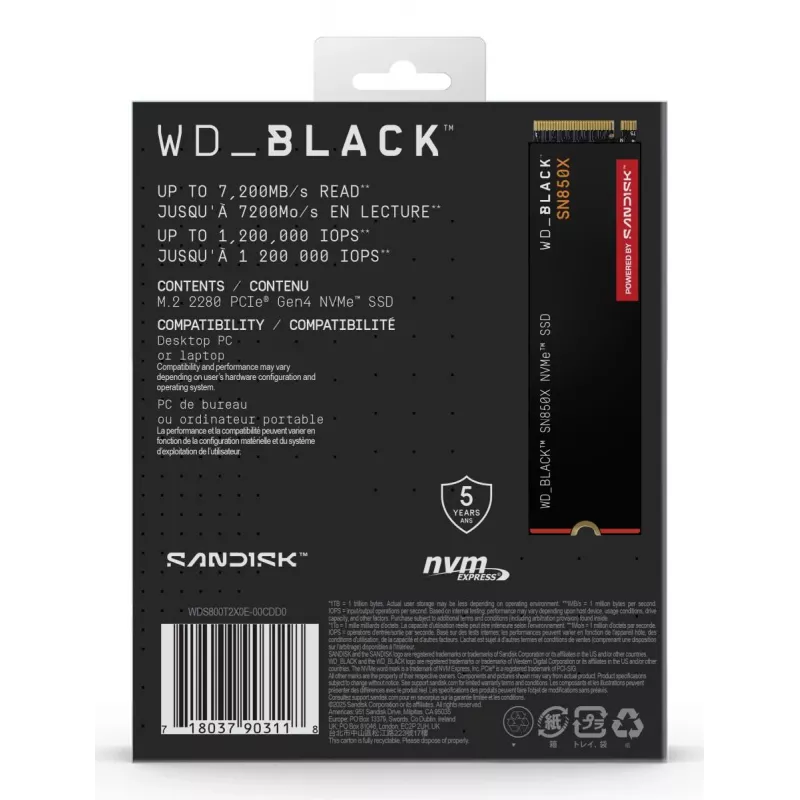 WESTERN DIGITAL SSD - WD_Schwarz SN850X - 8TB - Pci-e Gen4 x4 - M.2 2280