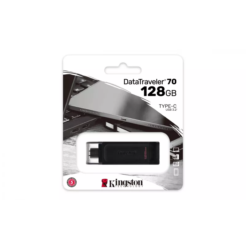 Kingston Technology DataTraveler 128GB USB-C 3.2 Gen 1 70, 128 GB, USB Type-C, 3.2 Gen 1 (3.1 Gen 1), Kappe, 7 g, Schwarz