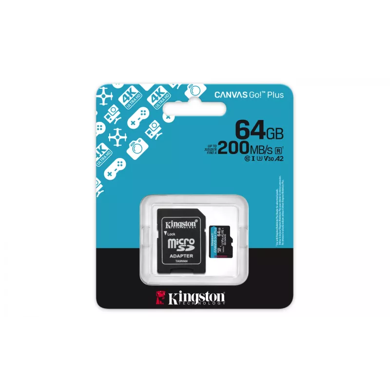 Kingston Technology 64GB microSDXC Canvas Go Plus Gen4 200MB/s A2 U3 V30 Karte + Adapter
