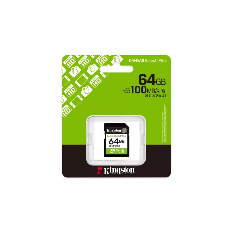 Kingston Technology 64GB SDXC Canvas Select Plus Gen3 100MB/s C10 UHS-I U1 V10