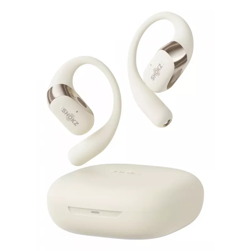 Open-Ear kabelloses Headset Shokz OpenFit 2 — Bluetooth 5.4, IP55, Knochenleitung, 11 Std. Wiedergabe (48 Std. mit Case), USB‑C, beige