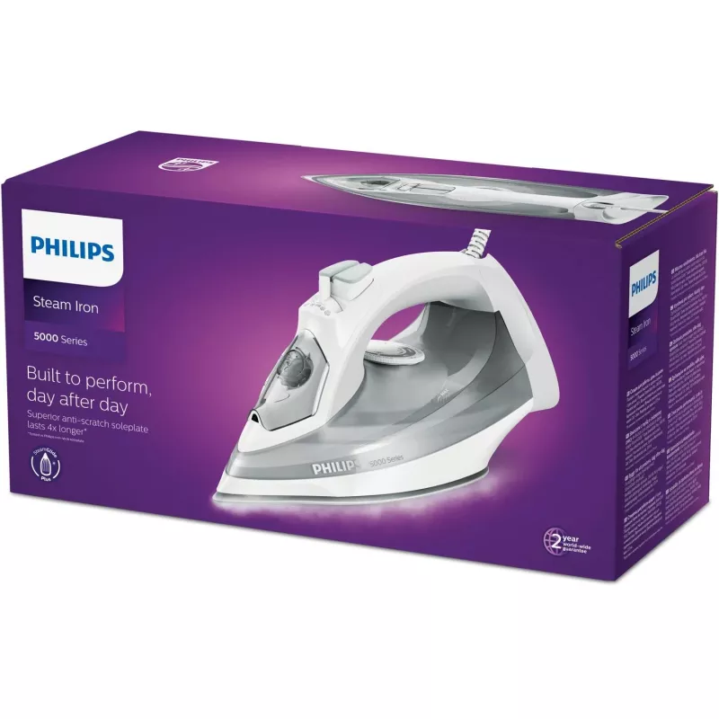 Philips 5000 Serie DST5010/10 Bügeleisen Dampfbügeleisen SteamGlide Plus Bügelsohle 2400 W Grau, Weiß