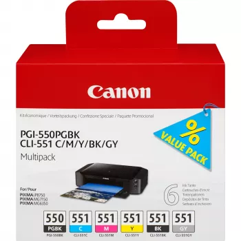 Canon PGI-550/CLI-551 PGBK/C/M/Y/BK/GY 6-Tintenpatronen-Multipack