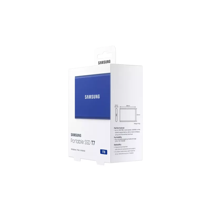 Externe SSD Samsung T7 Portable 1 TB, USB-C 3.2 Gen 2, NVMe, AES-256 Hardware-Verschlüsselung, Blau