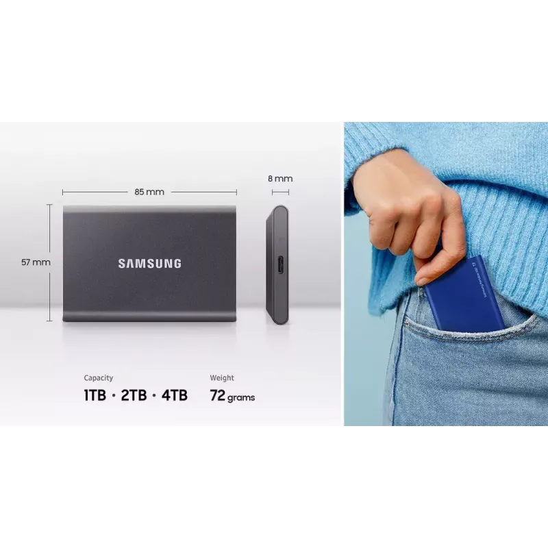 Externe SSD Samsung T7 Portable 1 TB, USB-C 3.2 Gen 2, NVMe, AES-256 Hardware-Verschlüsselung, Blau