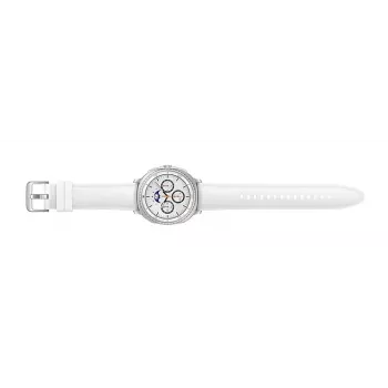 Smartwatch Samsung Galaxy Watch 8 Classic 46 mm — 1,3 Zoll AMOLED, 438×438, 64 GB, Wi‑Fi, GPS, Silbergehäuse, weißes Armband