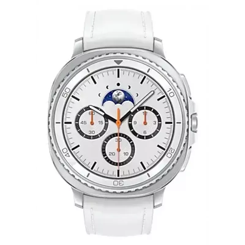 Smartwatch Samsung Galaxy Watch 8 Classic 46 mm — 1,3 Zoll AMOLED, 438×438, 64 GB, Wi‑Fi, GPS, Silbergehäuse, weißes Armband