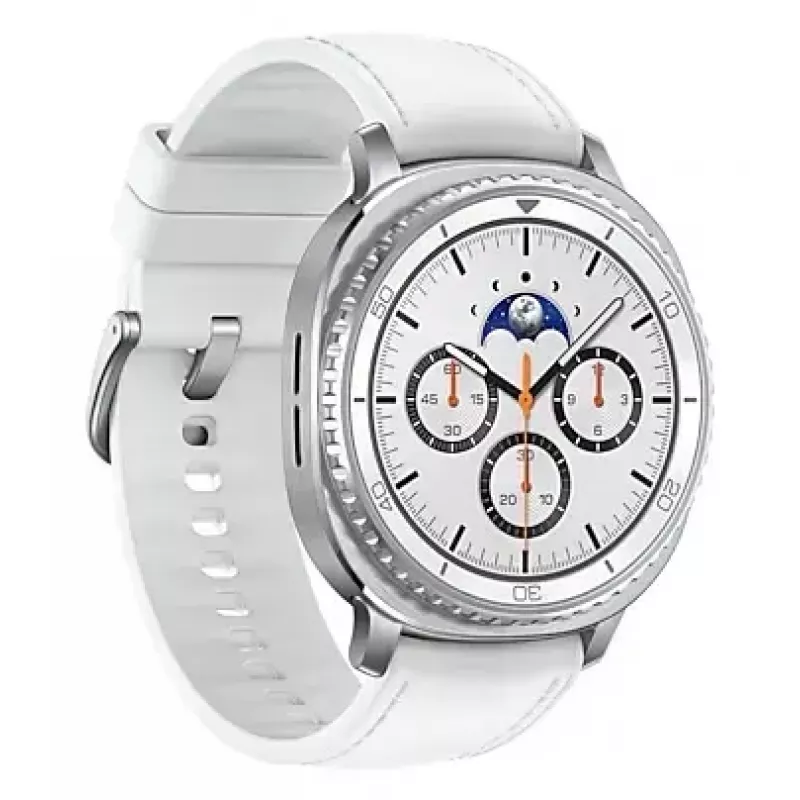 Smartwatch Samsung Galaxy Watch 8 Classic 46 mm — 1,3 Zoll AMOLED, 438×438, 64 GB, Wi‑Fi, GPS, Silbergehäuse, weißes Armband