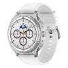 Smartwatch Samsung Galaxy Watch 8 Classic 46 mm — 1,3 Zoll AMOLED, 438×438, 64 GB, Wi‑Fi, GPS, Silbergehäuse, weißes Armband