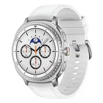 Smartwatch Samsung Galaxy Watch 8 Classic 46 mm — 1,3 Zoll AMOLED, 438×438, 64 GB, Wi‑Fi, GPS, Silbergehäuse, weißes Armband
