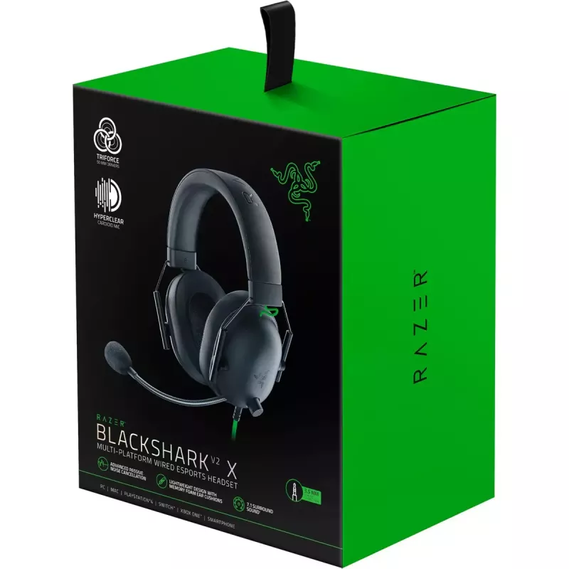 Kabelgebundenes Gaming-Headset Razer SchwarzShark V2 X — binaural, 3,5 mm, 32 Ω, 100 dB, geräuschunterdrückendes Schwenkmikrofon, 1,3 m Kabel, grün/schwarz