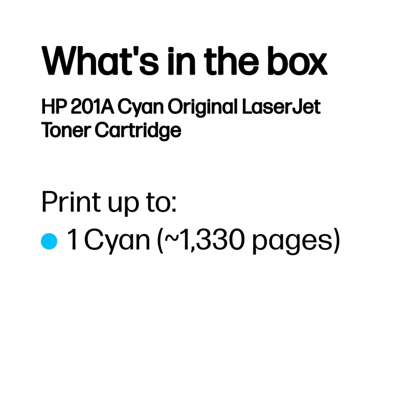 HP 201A Cyan Original LaserJet Toner Cartridge. Farbtoner-Seitenreichweite: 1330 Seiten, Druckfarben: Cyan, Menge pro Packung: 1 Stück