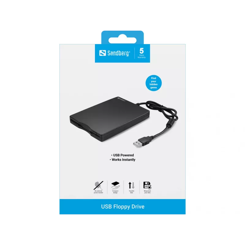 Sandberg USB-Diskettenlaufwerk, Externes Diskettenlaufwerk, USB 2.0, 360 U/min, 102 mm, 140 mm, 17 mm