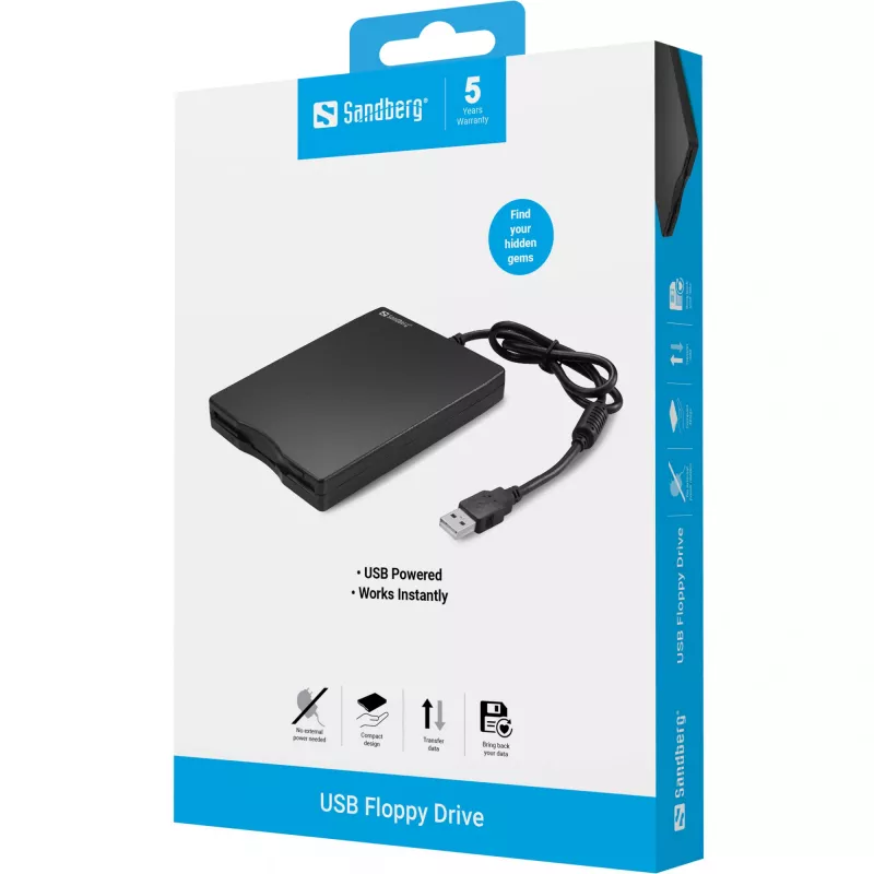 Sandberg USB-Diskettenlaufwerk, Externes Diskettenlaufwerk, USB 2.0, 360 U/min, 102 mm, 140 mm, 17 mm