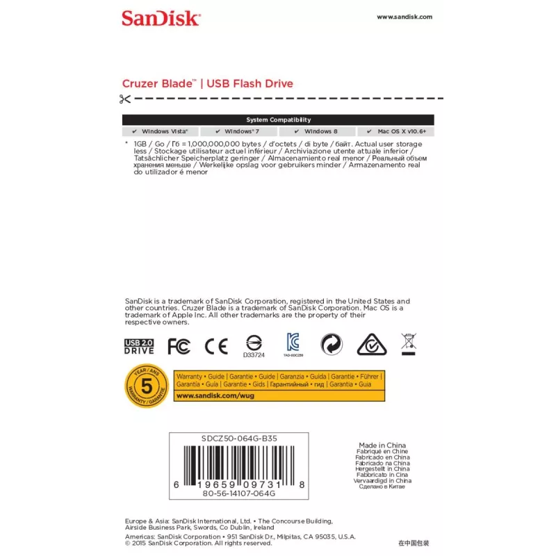 USB-Flash-Laufwerk SanDisk 64 GB USB Type-A 2.0 Cruzer Blade