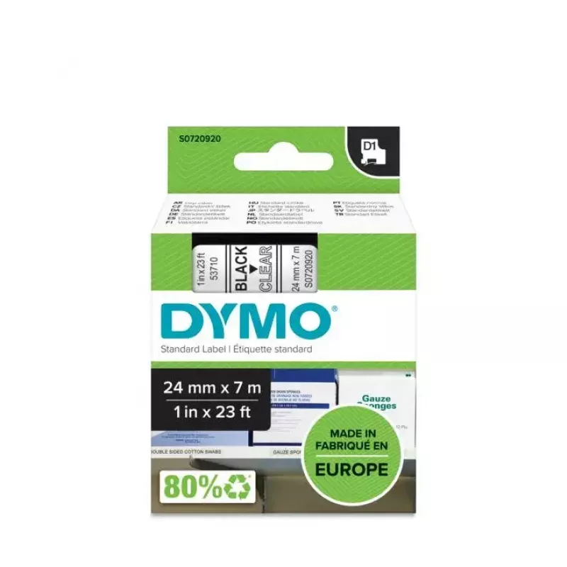 DYMO Authentic D1 Labels | 24mm x 7m Roll | Schwarz Print on Clear | Selbstklebende Etiketten für LabelManager Etikettendrucker